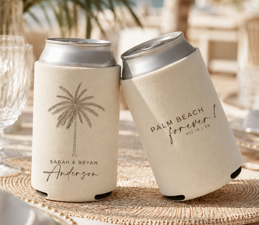 tan wedding can cooler with palm tree and location of beach forever with the date and the couples names