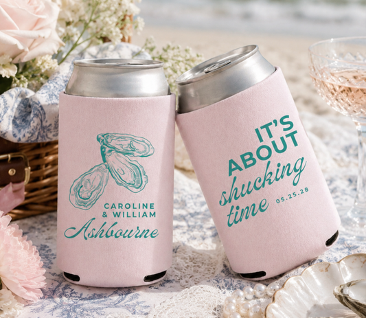Blush wedding can cooler with oyster themed design, and teal ink color for a seaside wedding with couples names and wedding date