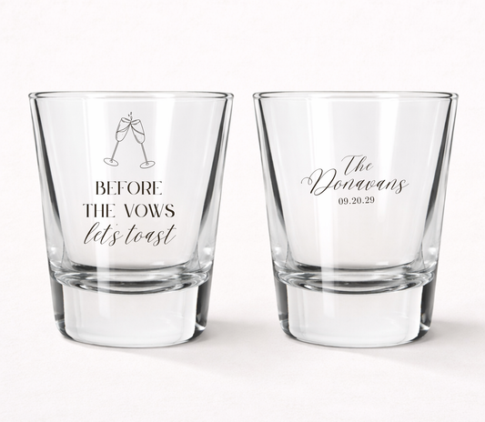 Before The Vows Lets Toast personalized shot glasses
Custom wedding shot glasses with family name
Wedding welcome party favor shot glasses
Personalized rehearsal dinner shot glasses
Champagne toast wedding favor glasses
Wedding weekend celebration shot glasses