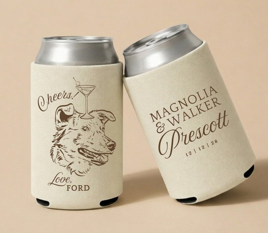 Personalized dog wedding can cooler
Custom pet portrait wedding favor
Dog lover wedding can sleeve
Elegant dog wedding drink holder