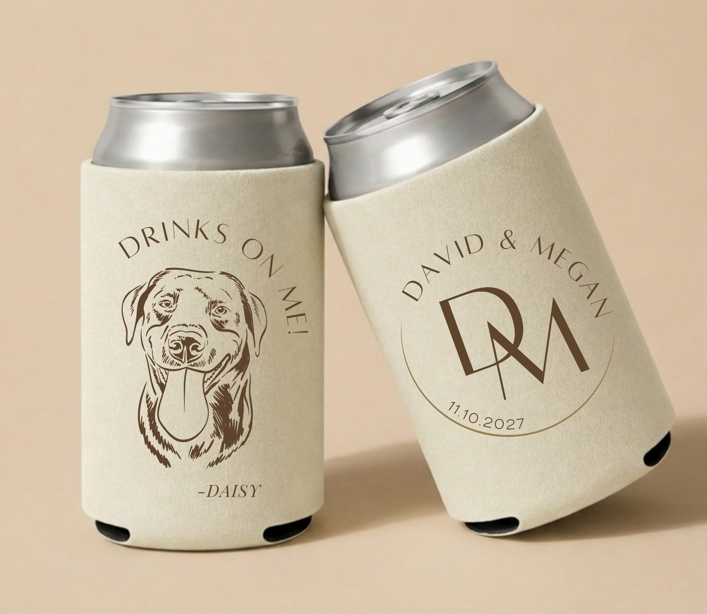 Monogram wedding can cooler with dog portrait
Personalized pet wedding drink sleeve with initials
Modern wedding favor with dog illustration
Custom monogram can cooler with pet design