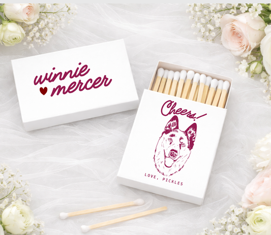 Handwritten Style Script wedding matchbox with dog portrait
Personalized pet illustration matchbox wedding favor
Playful wedding matchbox custom design
Dog lover wedding matchbox with names