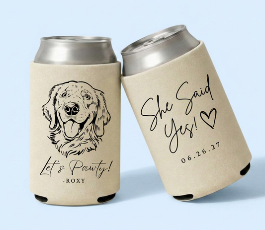 Personalized dog wedding can cooler
Lets pawty pet wedding favor
Custom dog portrait wedding sleeve
Dog lover wedding drink holder