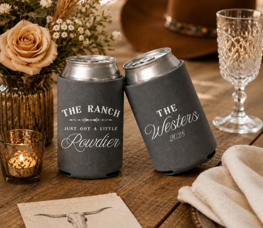 Custom western wedding drink sleeves for welcome bags, cocktail hour, barn weddings, and rustic receptions
