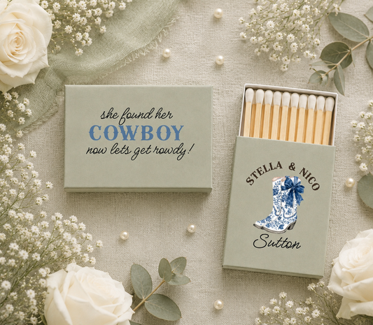 Western wedding matchbox featuring personalized cowboy boot artwork and custom names.