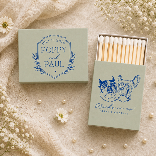 Custom dog portrait wedding matchbox with couple names, wedding date, and French Bulldog illustration.
