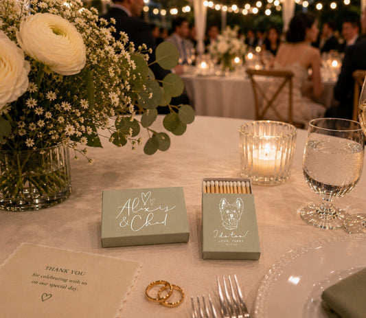 Dog lover wedding favor matchbox featuring personalized pet artwork and premium safety matches.
Custom pet portrait wedding matchbox with elegant typography and personalized wedding details.