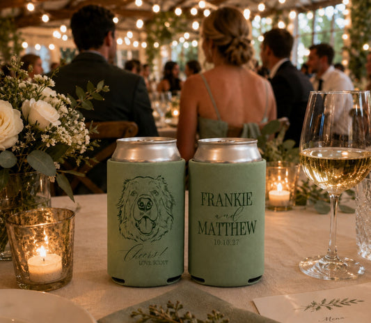 Custom pet portrait wedding can cooler with hand drawn dog artwork, names, and wedding date.