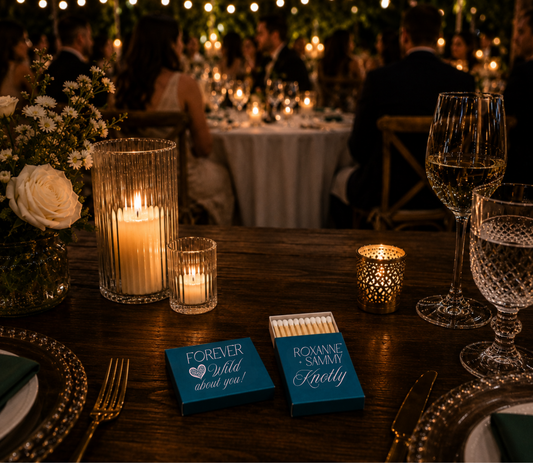 Leopard heart personalized teal wedding matchboxes for colorful weddings.