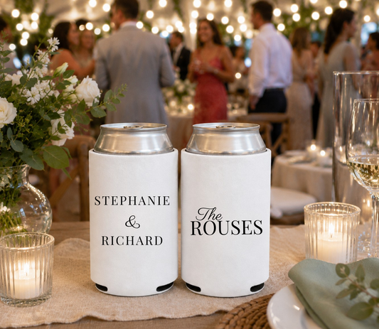 Black and white personalized wedding can coolers.