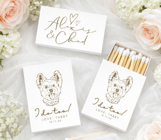 Personalized wedding matchbox with dog portrait
Custom pet illustration matchbox wedding favor
Dog lover wedding matchbox with names and date
Pet themed wedding favor matchbox design
