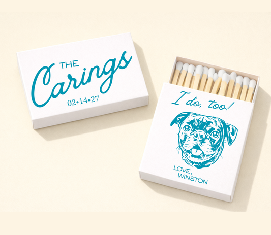 Personalized pet portrait wedding matchboxes with teal blue custom dog artwork, couple names, wedding date, and pet name on white matchboxes