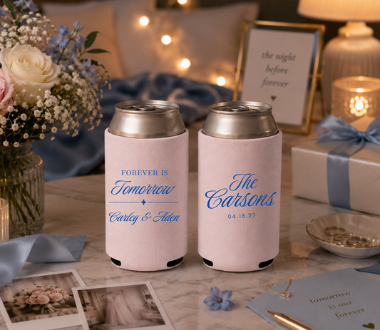 Personalized Forever Is Tomorrow wedding can cooler with custom family name.