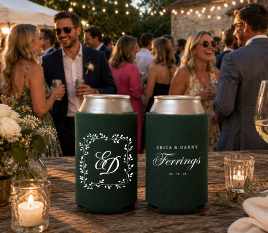 Dark green personalized wedding can cooler featuring a custom monogram inside a botanical frame.
Premium foam wedding can cooler featuring personalized monogram artwork and family name.
