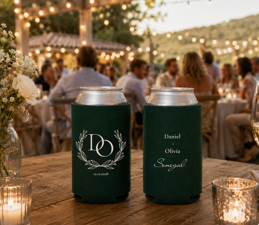 Custom wedding can cooler featuring a laurel wreath, personalized names, and wedding date.
Premium foam wedding can cooler with botanical laurel design and personalized initials.
Classic laurel monogram wedding can cooler featuring personalized initials and wedding