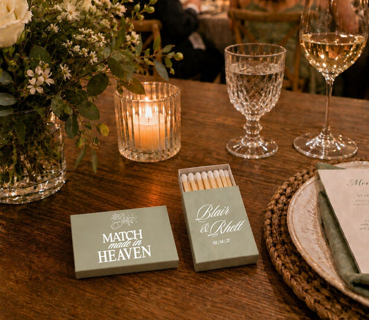 Elegant sage green wedding matchbox with Match Made in Heaven typography and personalized wedding details.