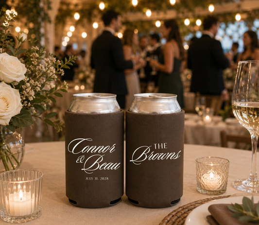 Personalized brown wedding can coolers.