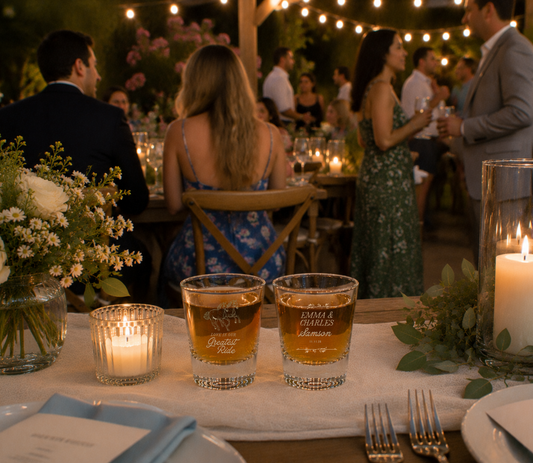 Western horse personalized wedding shot glasses.
Country wedding shot glasses with custom names.
Rustic horse wedding favor shot glasses.