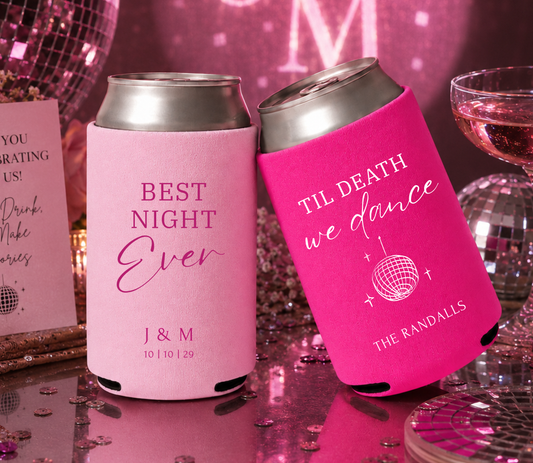 Custom Electric Love wedding can coolers with disco ball artwork.