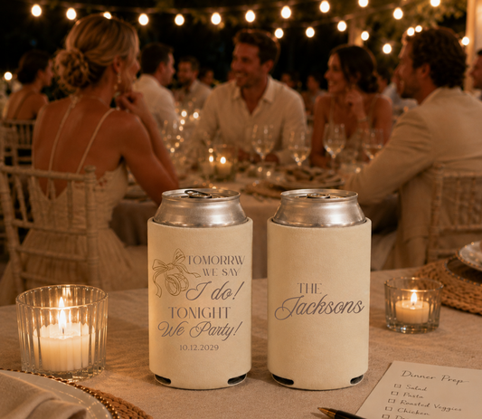 Ivory personalized foam wedding can coolers