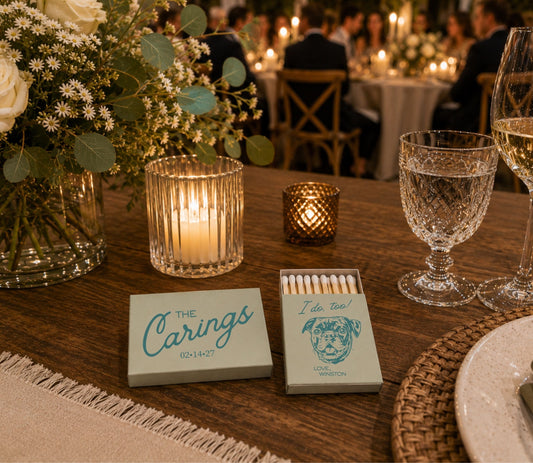 Modern wedding favor matchbox featuring elegant script typography and personalized pet artwork.
Premium personalized wedding matchbox with a custom dog portrait and script design.