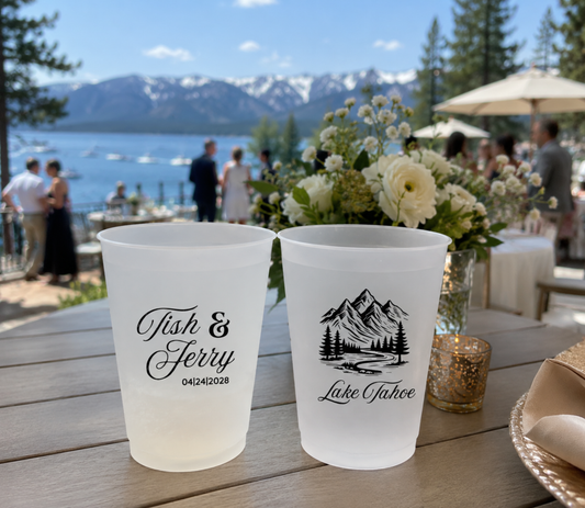 Personalized mountain wedding frosted cups with custom names and mountain artwork