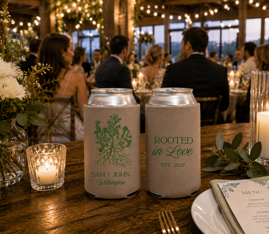 Taupe botanical wedding can cooler featuring a tree roots illustration and personalized couple names.