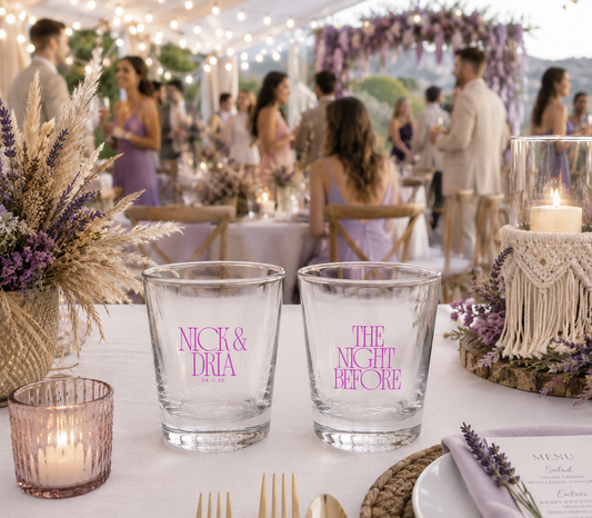 Personalized night before wedding shot glasses with custom couple names wedding date and wedding weekend design