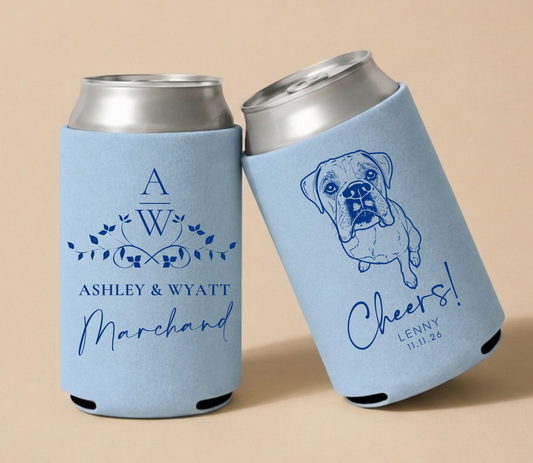 Custom Wedding Can Cooler with Monogram & Pet Portrait | Dog Wedding Favor