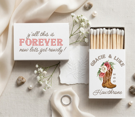 Rustic floral cowboy boot wedding matchboxes
Western wedding favor matches
Country wedding matchbox design
Personalized cowboy wedding matches