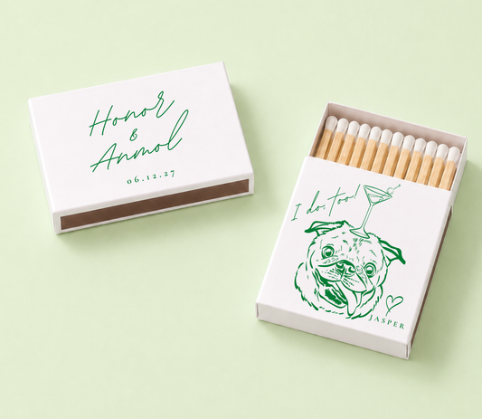 Personalized pet portrait wedding matchboxes with green custom dog artwork, couple names, wedding date, and pet name on white matchboxes