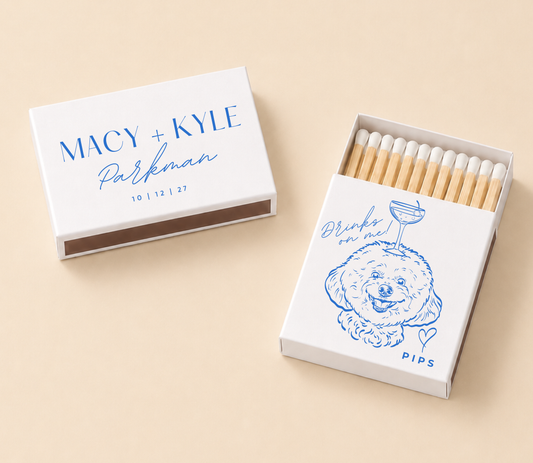 Custom pet portrait matchboxes for wedding welcome bags, candle stations, cigar bars, and dog lover favors