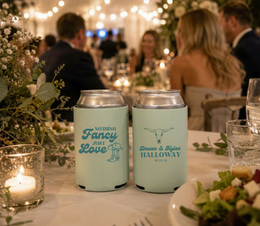 Personalized cowboy wedding can cooler featuring rustic western graphics and custom couple names.