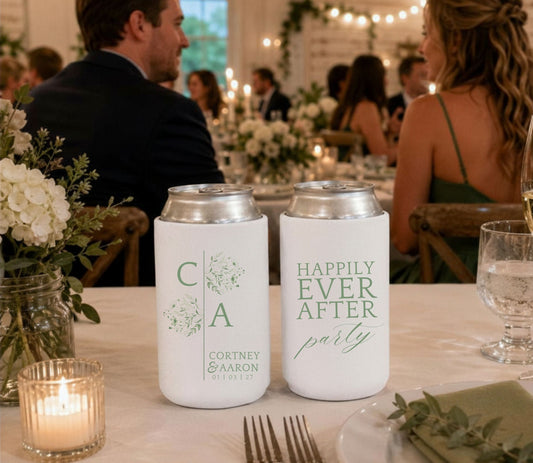Personalized garden wedding can cooler featuring floral illustrations, custom initials, names, and wedding date.