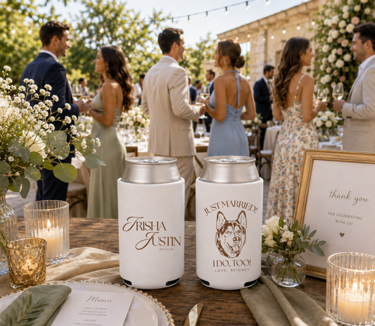White personalized wedding can coolers featuring elegant wedding typography, a custom dog portrait, and an I Do Too wedding design.