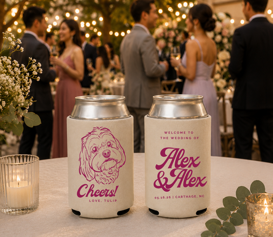 Cream personalized wedding can coolers featuring a custom dog portrait, elegant wedding typography, couple names, and wedding date.