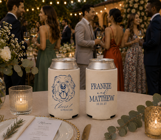 Cream personalized wedding can coolers featuring a custom dog portrait, elegant typography, couple names, and wedding date.
