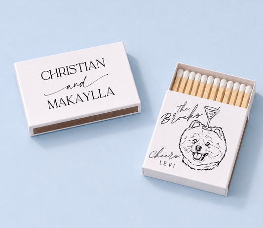 White wedding matchboxes with custom pet portrait design, couple names, wedding date, and I do too wording cocktail on pets head