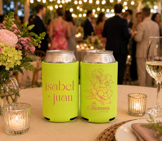 Personalized colorful wedding can koozies.