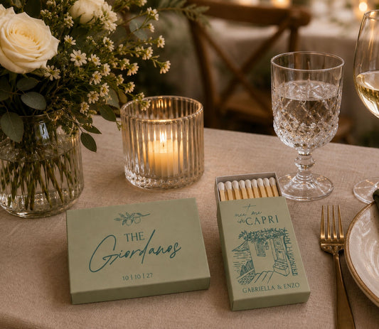 Destination wedding favor matchbox featuring Italian coastal artwork and personalized wedding details.
Premium personalized wedding matchbox with Capri-inspired illustration and elegant Mediterranean design.