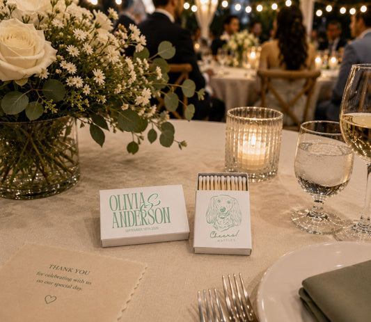 Pet lover wedding favor matchbox featuring personalized pet artwork and elegant green typography.
Premium personalized wedding matchbox with custom pet portrait, pet name, and wedding details.