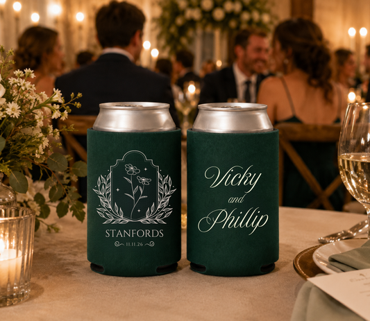 Dark green wedding can cooler featuring a botanical wildflower illustration and personalized family name.
Custom wedding can cooler with elegant floral artwork, couple names, and wedding date.
Elegant botanical wedding can cooler personalized with family name and wedding date.
