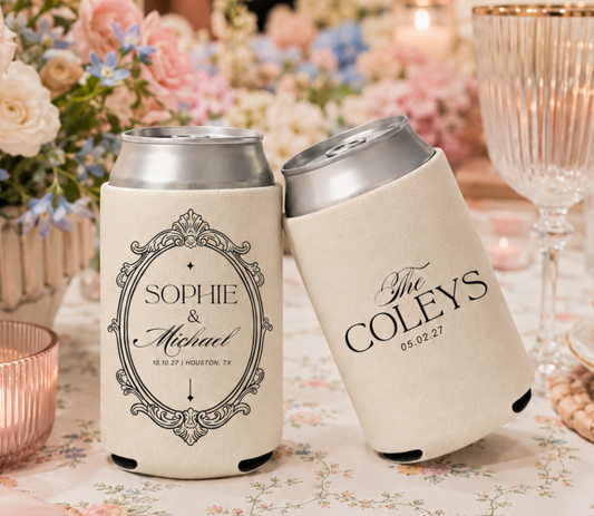 Custom signature wedding can coolers with personalized names, wedding date, location, and ornate frame artwork at wedding reception