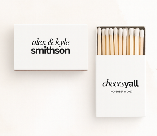 Custom Cheers Y’all wedding matchboxes with personalized names, wedding date, and black modern typography