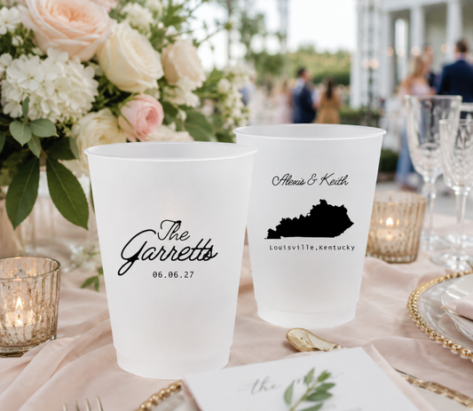 Personalized Kentucky wedding frosted cups featuring Kentucky state silhouette artwork and custom couple names