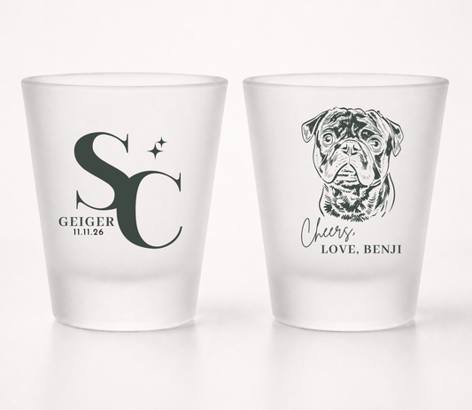 Custom frosted shot glass for wedding with pet and couples initials last name and date
