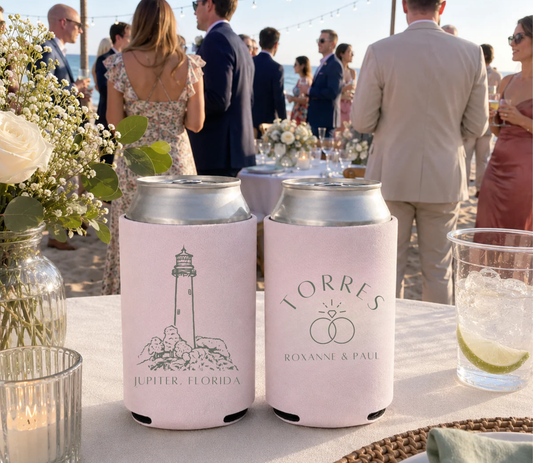 Personalized coastal wedding can cooler featuring a lighthouse illustration and custom wedding names.