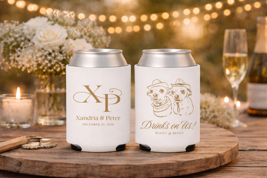 Personalized dog illustration wedding can cooler
Custom pet portrait drink sleeve for wedding
Dog themed wedding favor with names and date
Custom pet design wedding drink holder
