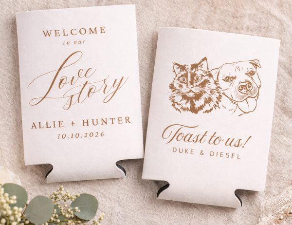 Personalized dog and cat wedding can cooler with love story text
Custom pet portrait wedding drink sleeve with names and date
Dog and cat themed wedding favor design
Romantic wedding can cooler with pet illustration