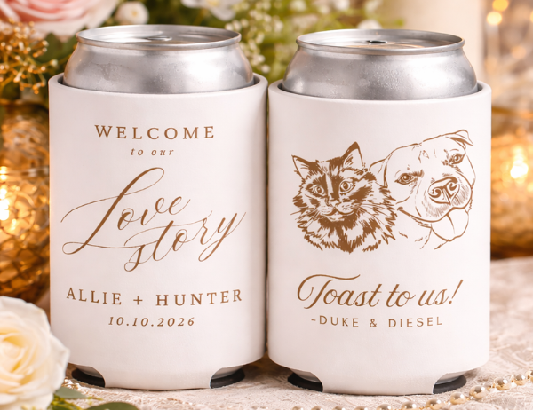 personalized wedding can cooler with dog and cat portrait on table with flowers